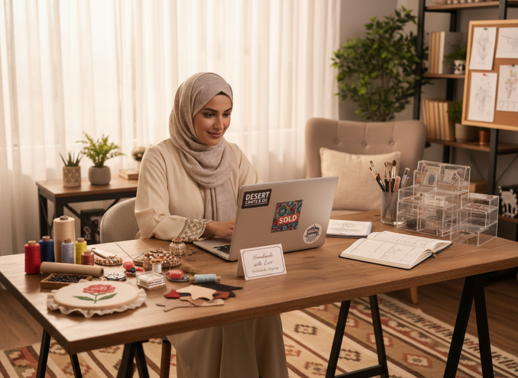 سيدة تعمل على مشروع منزلي ناجح باستخدام الحاسوب